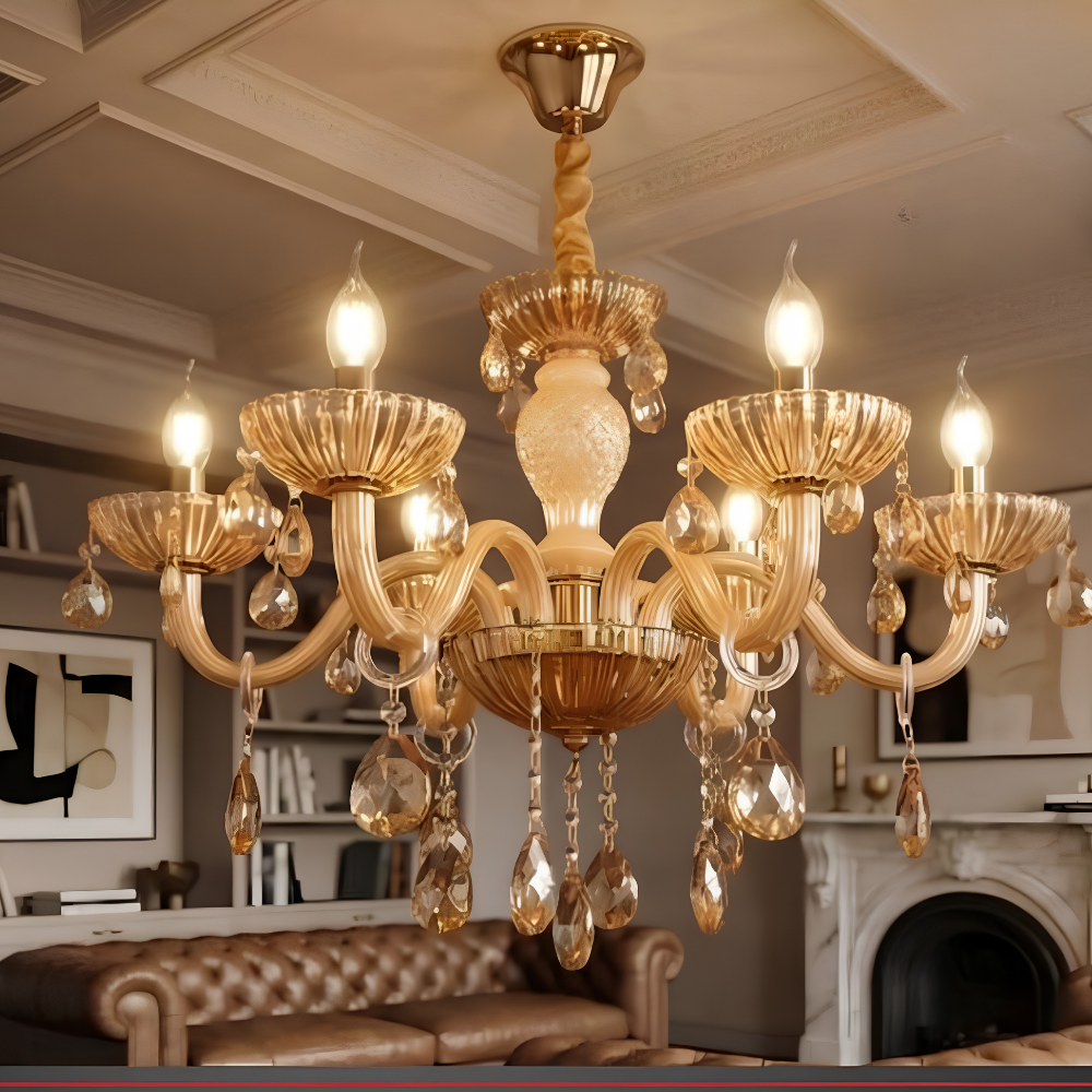 Italian Style Glass Candle Chandelier - 6 Light Gold Finish With 4w LED Bulbs Included Main image